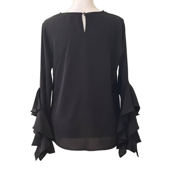 Meraki Black Long Sleeve Flutter Blouse Top Rhinestone Neckline Size M - Picture 2 of 10